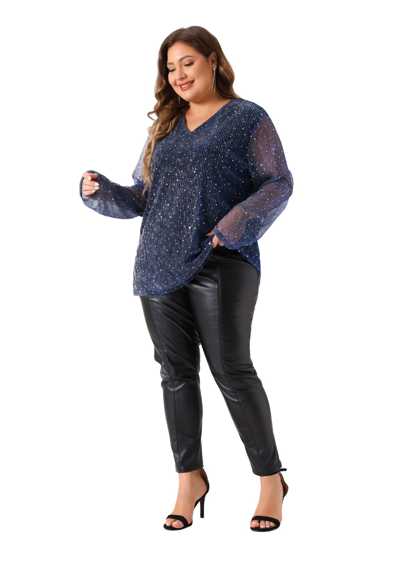 LONG SLEEVE GLITTER SPARKLE TOP, Blue / Navy, hi-res image number 0