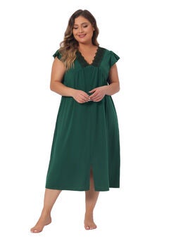 Lace V Neck Front Slits Short Sleeves Sleepwear Dress