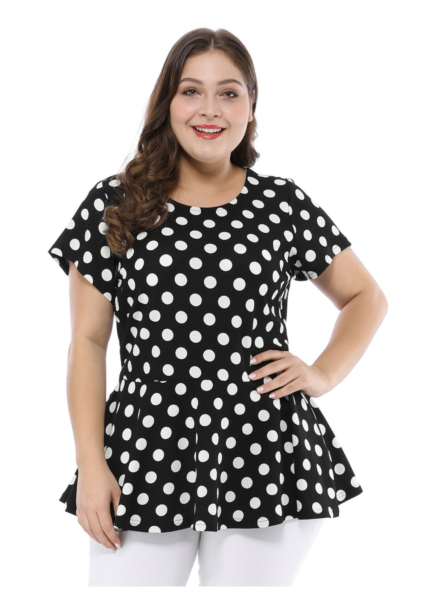 Casual Short Sleeve Polka Dots Peplum Tops Shirts, Black / Black, alternate image number 2