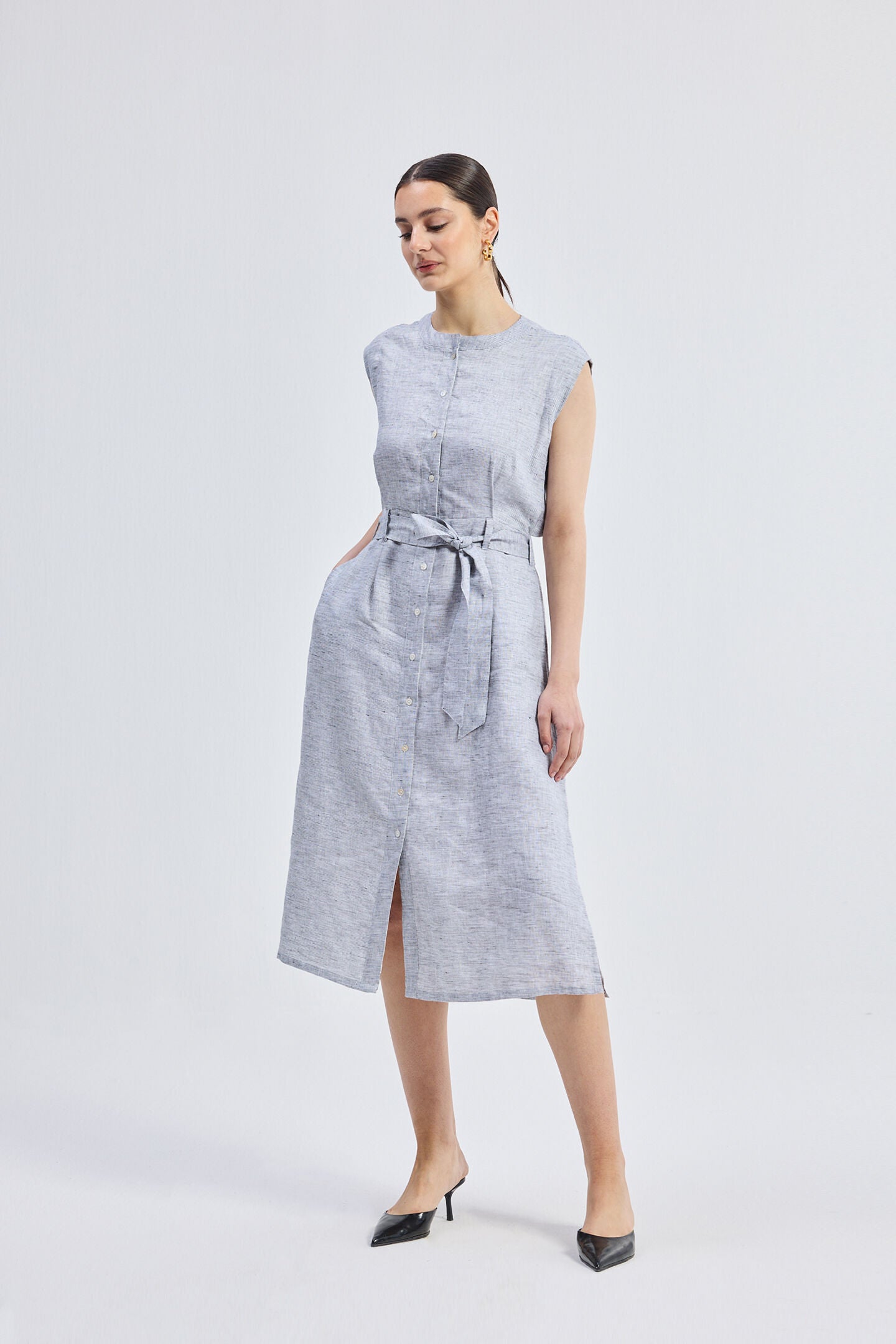 Back Cut Out Linen Dress, Pin striped Linen / Cool Gray, alternate image number 6