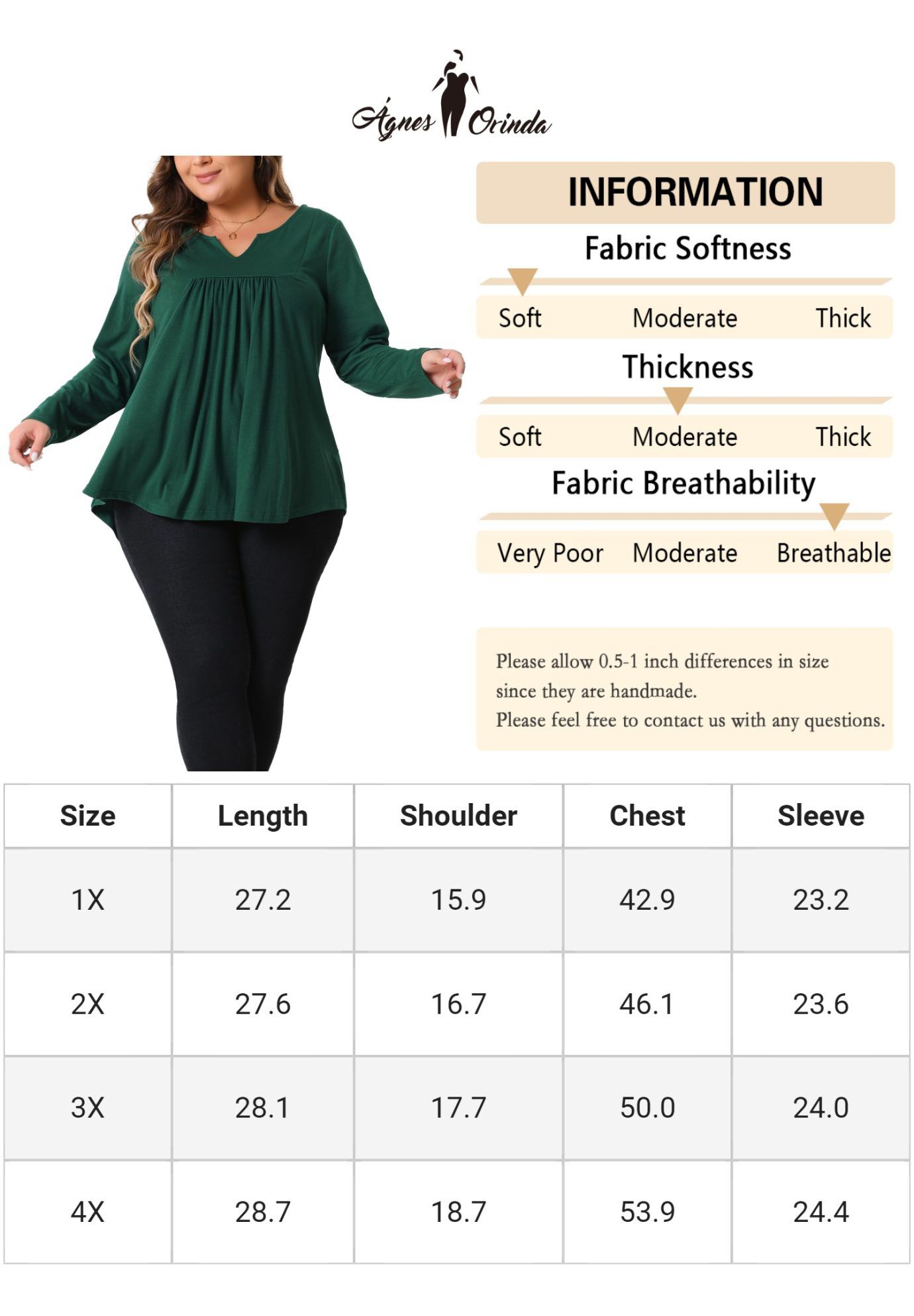 Notched Neck Long Sleeve Front Pleated Blouse, Dark Green / Forest Green, alternate image number 1
