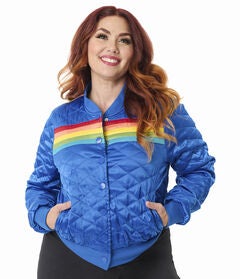 Unique Vintage Plus Size Blue & Rainbow Quilted Varsity Jacket