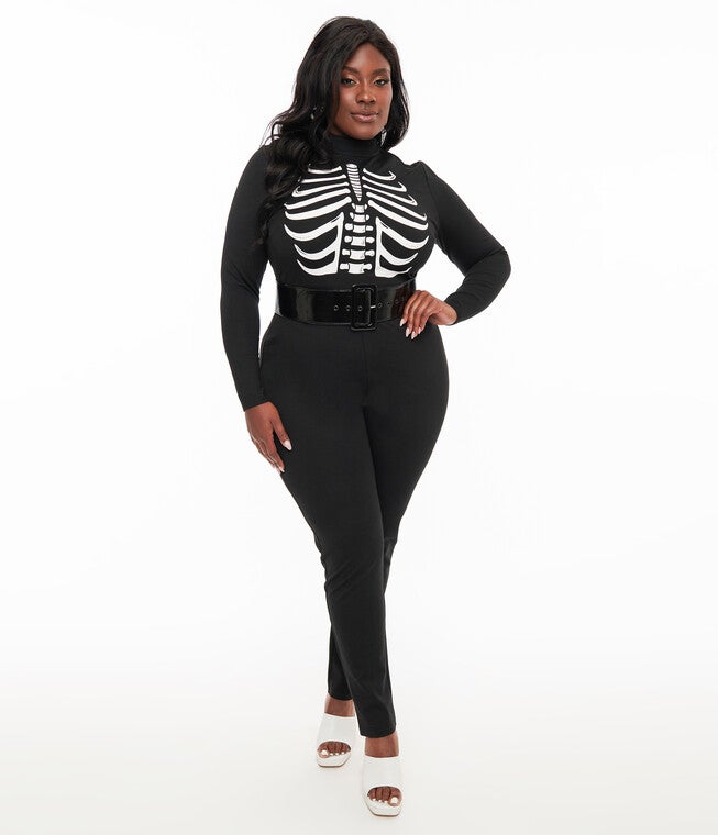 1960s Black & White Skeleton Glow in the Dark Jumpsuit, Black White Skeleton Glow in the Dark / Black, hi-res image number 0