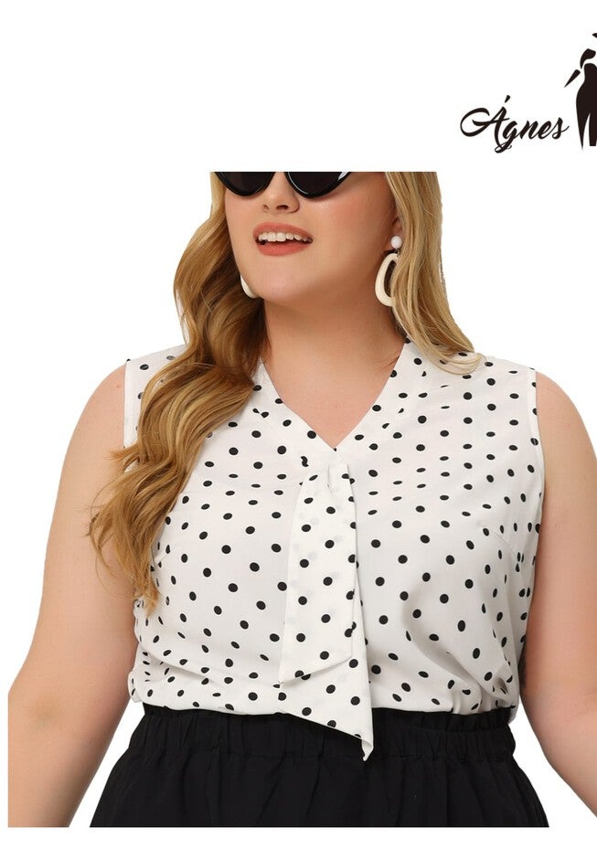 POLKA DOTS V NECK TIE NECK SLEEVELESS BLOUSE TANK TOP, White / White, alternate image number 4