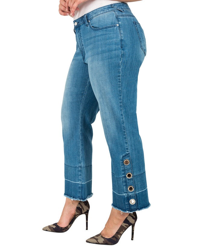 Plus Size Meryl High-Rise Light Wash Cropped Jeans with Silver Grommets & Wide Released Hem, Blue / Medium Wash, alternate image number 1