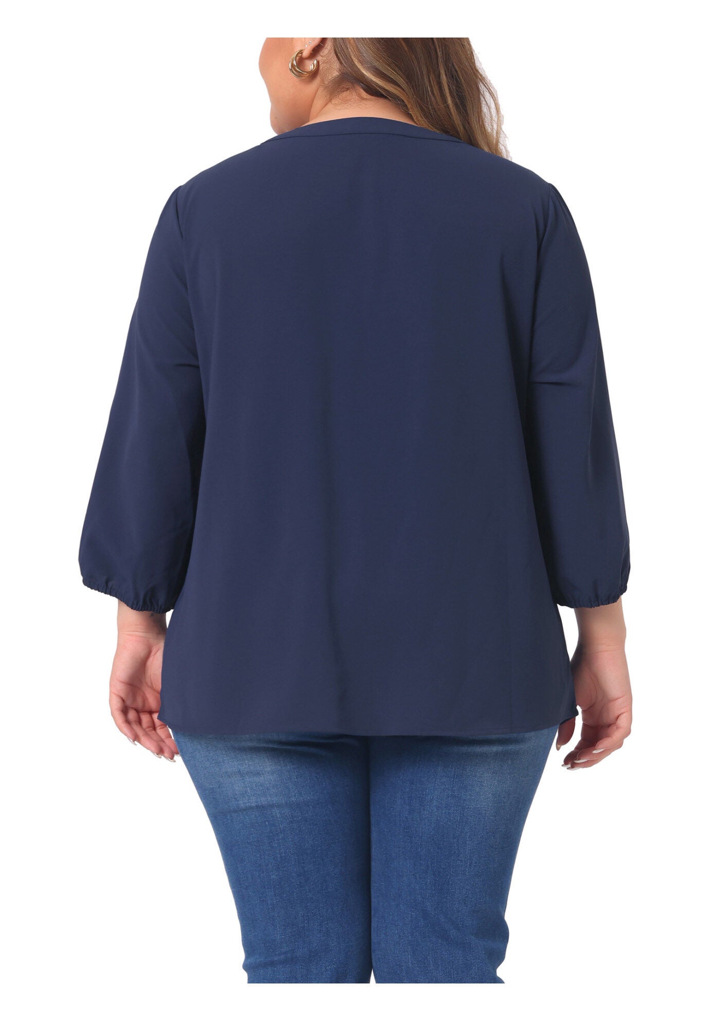 3/4 Sleeve Work Office Tie Front Ruffle Chiffon Blouse Top, Dark Blue / Navy, alternate image number 3