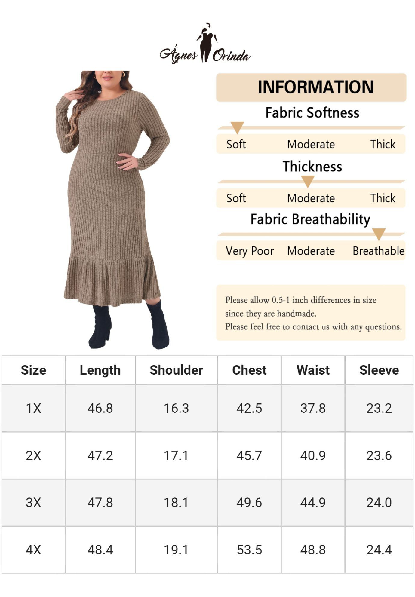 Ribbed Knit Long Sleeve Crew Neck Ruffled Hem Midi Dress, Khaki / Brown, alternate image number 4
