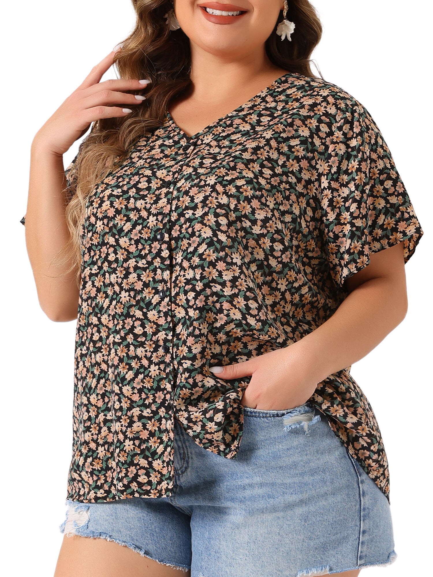 V Neck Button Short Sleeve Floral Blouse, Black / Black, alternate image number 1