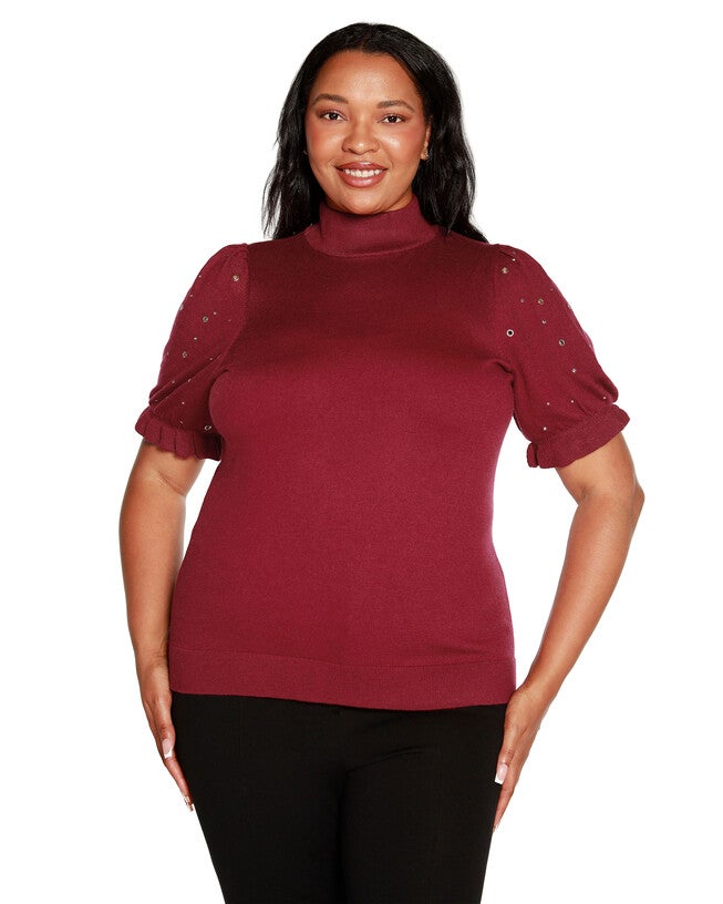 Embellished Puff-Sleeve Sweater, Cranberry / Red, hi-res image number null