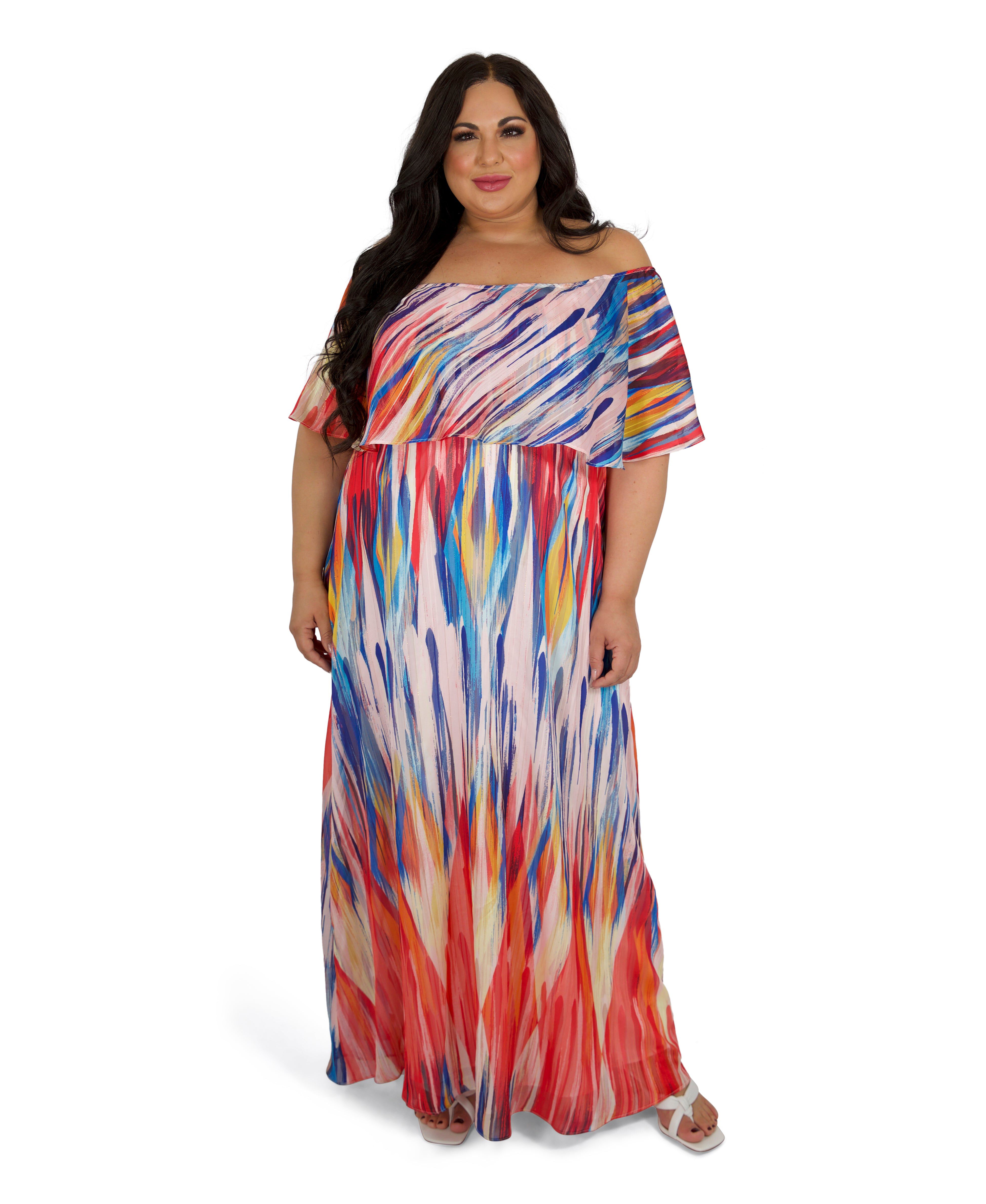 Off-The-Shoulder Maxi Dress, Multi / Red, alternate image number 2