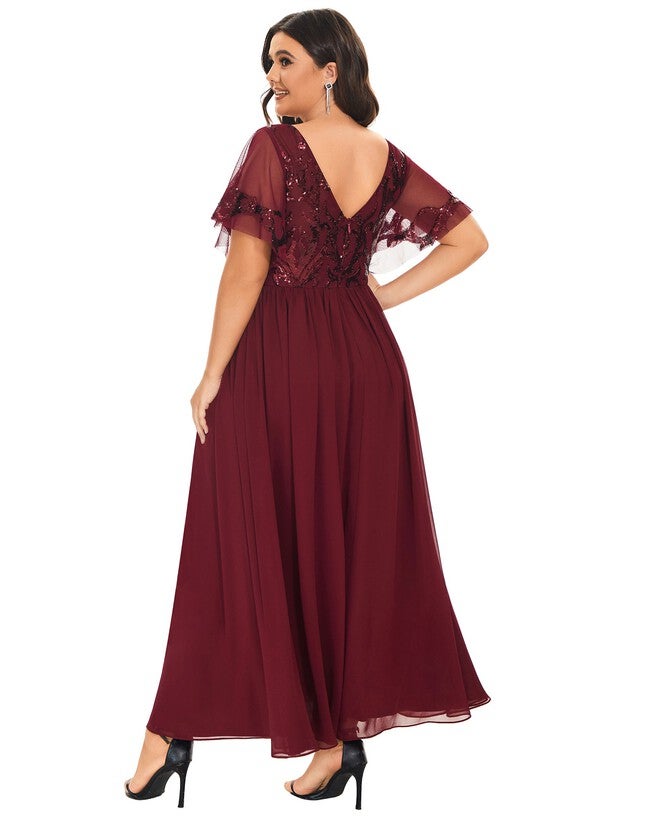 V-Neck Short Sleeve Sequin Bodice Mother of the Bride Dress, Burgundy / Burgundy, alternate image number null