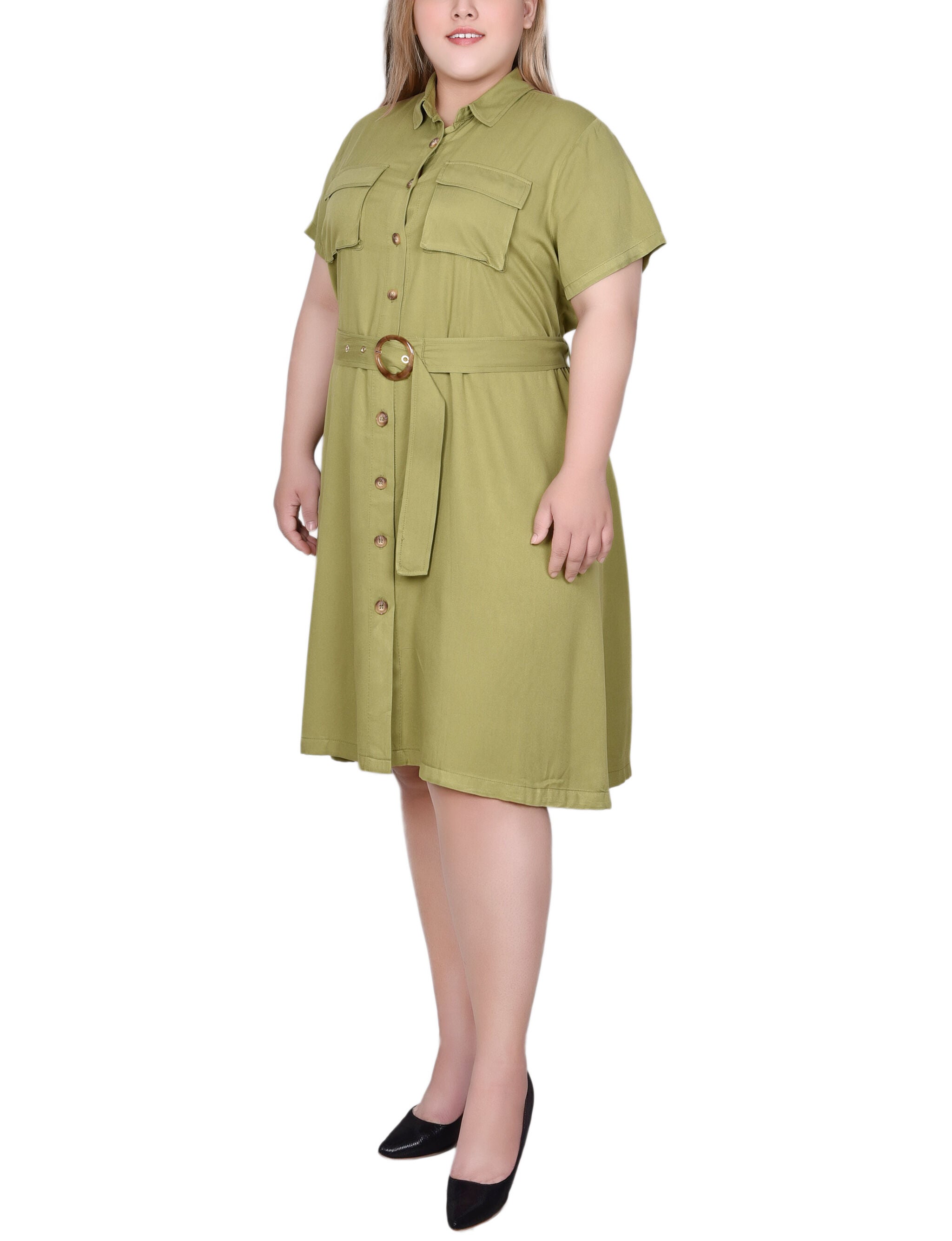 Short Sleeve Safari Style Dress, Olive Green, alternate image number 2