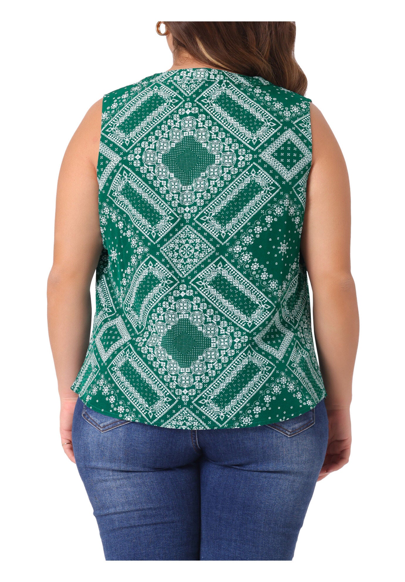 Sleeveless Floral Print V Neck Tunic Tank Top, Green / Forest Green, alternate image number 3