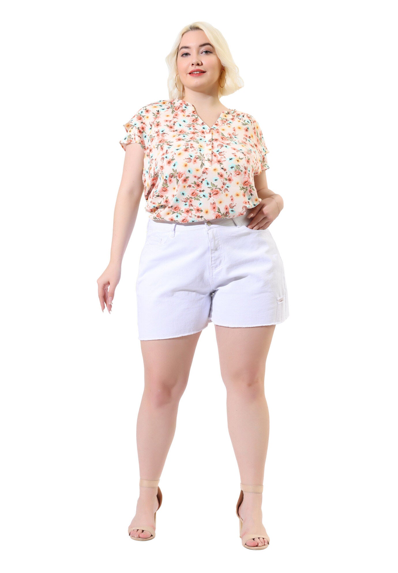 Floral Ruffle Trim V Neck Layered Sleeve Blouse, Pink / Pink, hi-res image number 0