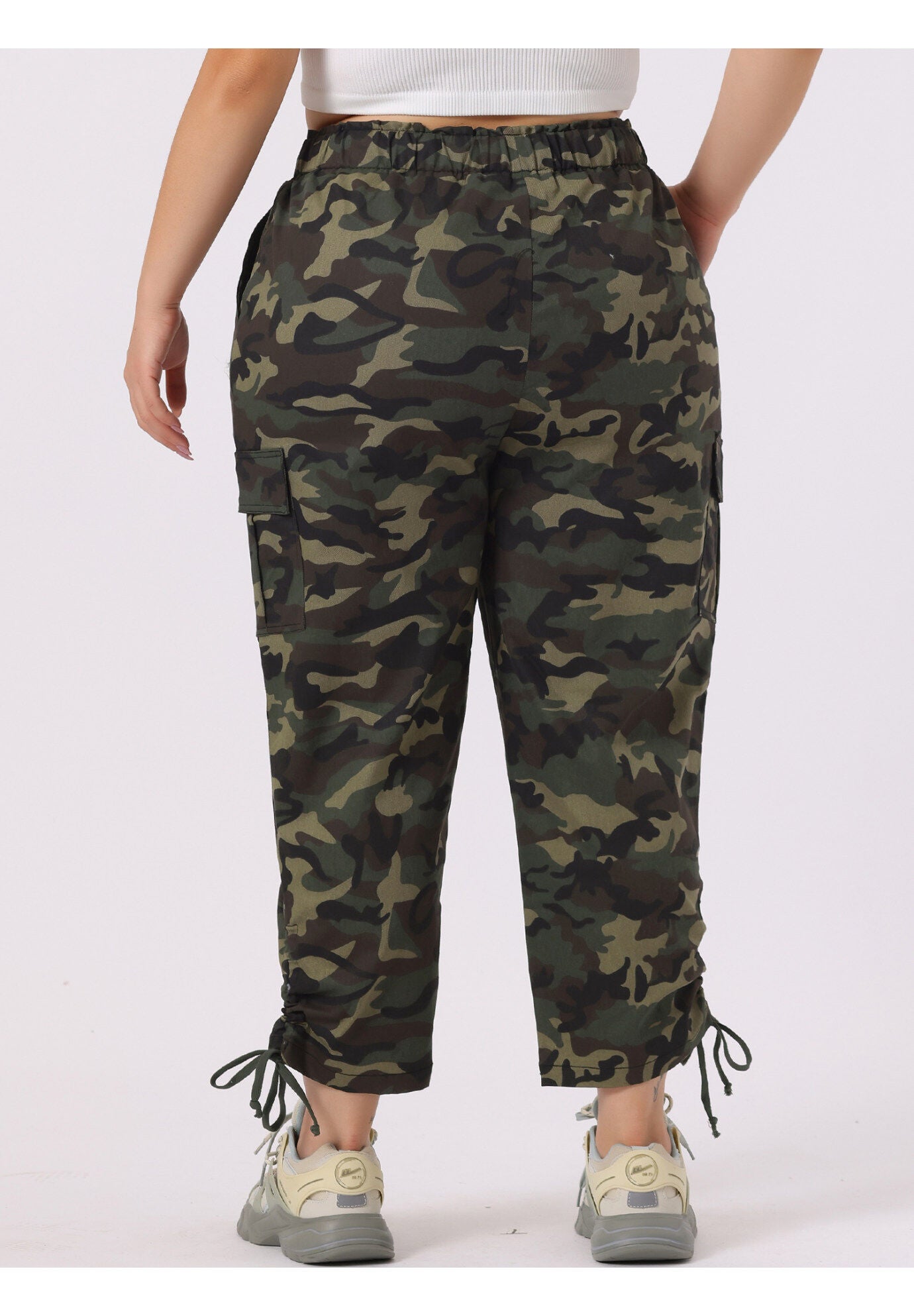 DRAWSTRING ELASTIC WAIST CARGO PANTS, Camouflage / Forest Green, alternate image number 3