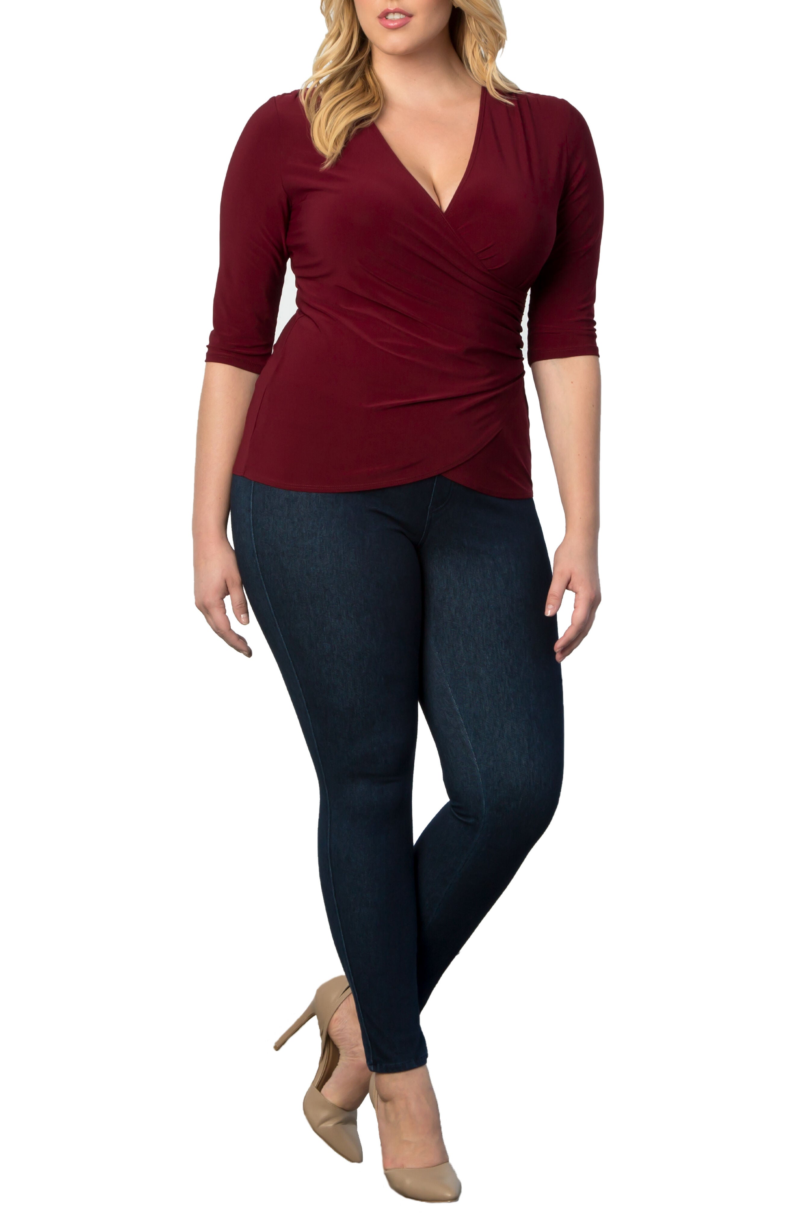 Femme Fatale Faux Wrap Top, BURGUNDY / Burgundy, alternate image number 2