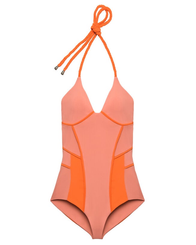 Colour Blocked Halter Swimsuit, Orange / Orange, alternate image number 1