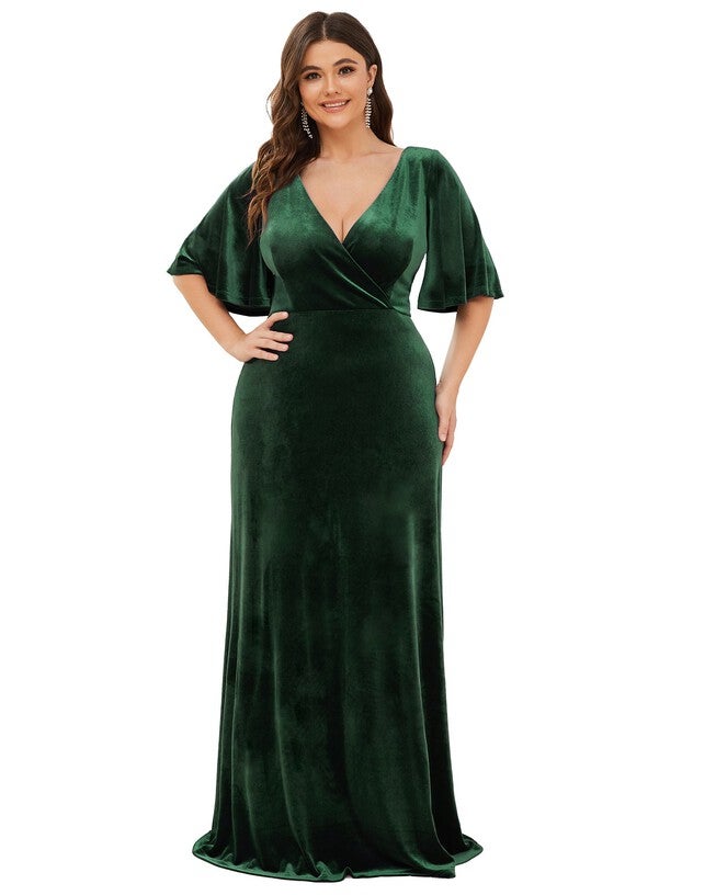 Elegant Double V Neck Velvet Party Dress with Sleeves, Dark Green / Forest Green, hi-res image number null