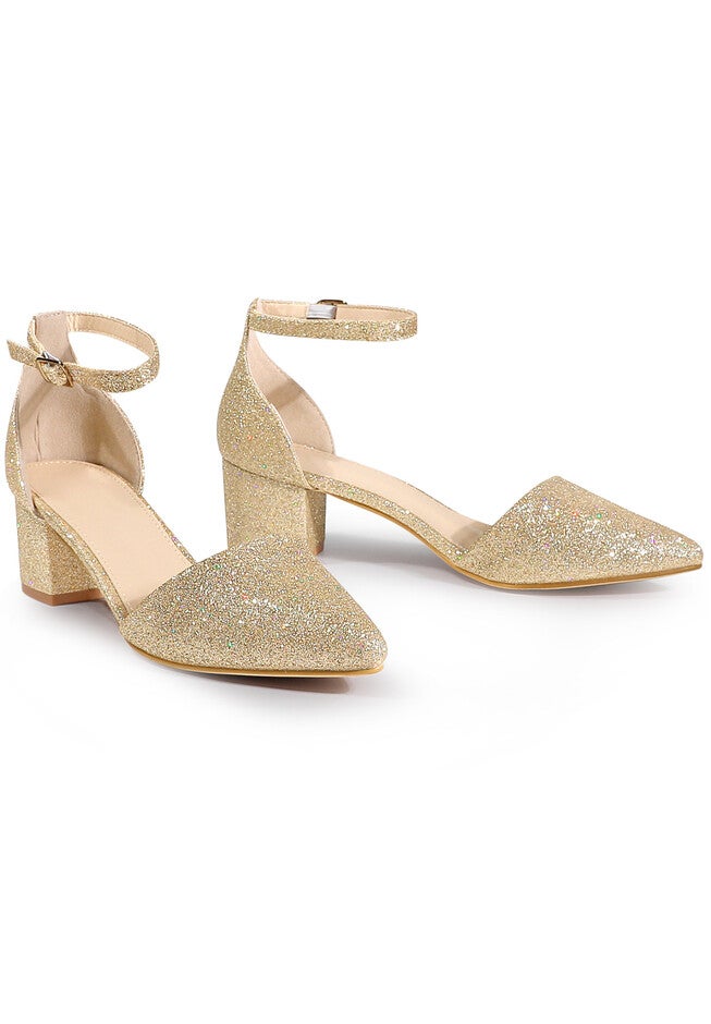 Glitter Pointed Toe Ankle Strap Dress Pumps, Gold / Gold, hi-res image number 0