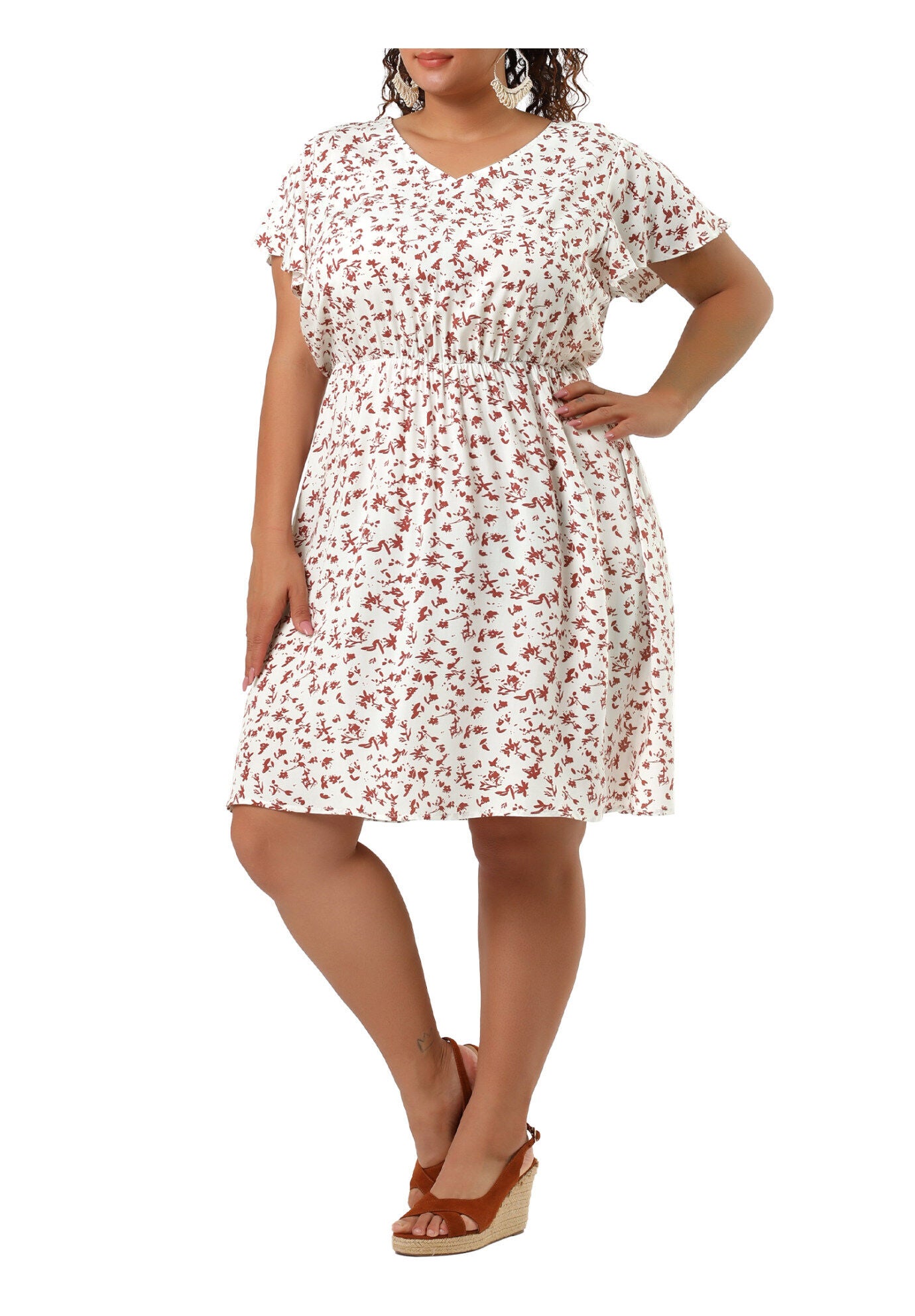 Summer V Neck Flare Sleeve Peplum Midi Ruffle Dress, White / White, alternate image number 1