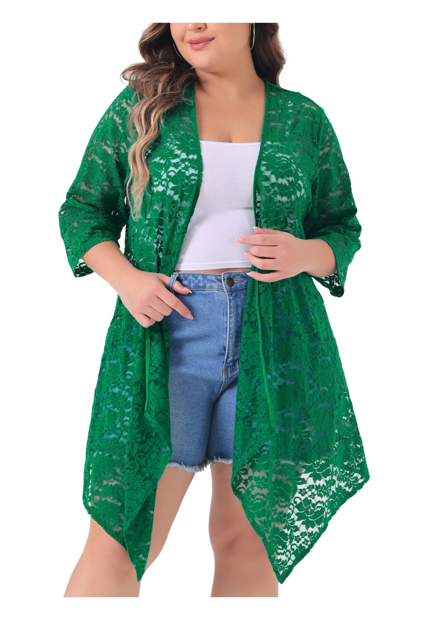 OPEN FRONT 3/4 SLEEVES CROCHET CARDIGAN COVER UP, Dark Green / Kelly Green, alternate image number 1