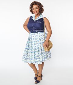 Unique Vintage White & Blue Floral Eyelet Collins Wrap Swing Skirt