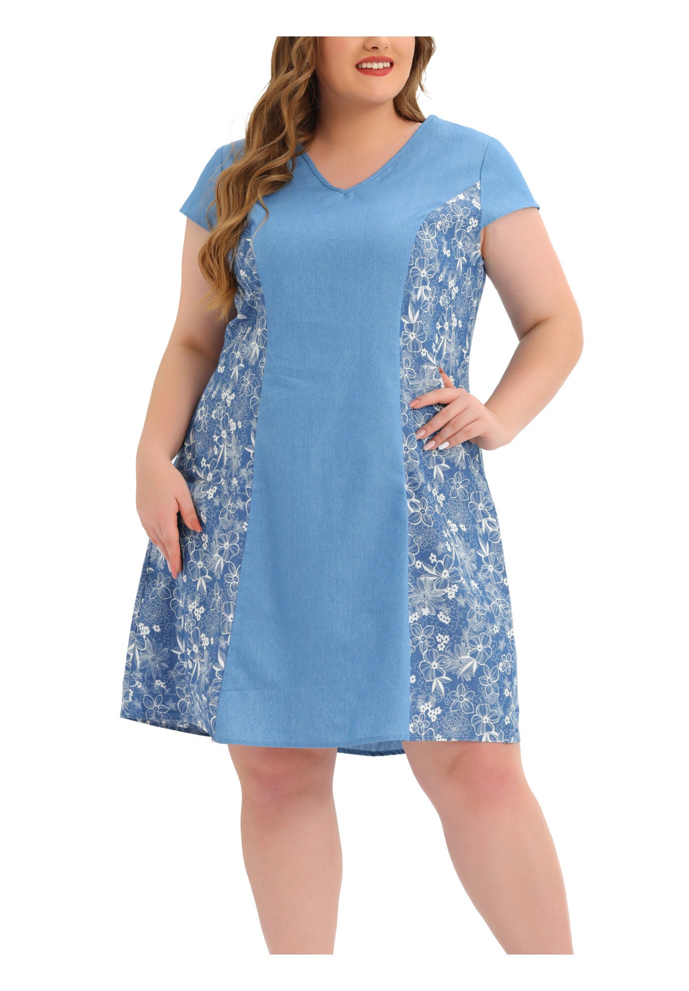 Chambray Cap Sleeve V Neck Floral Print Midi Dresses, Blue / Light Blue, alternate image number 2