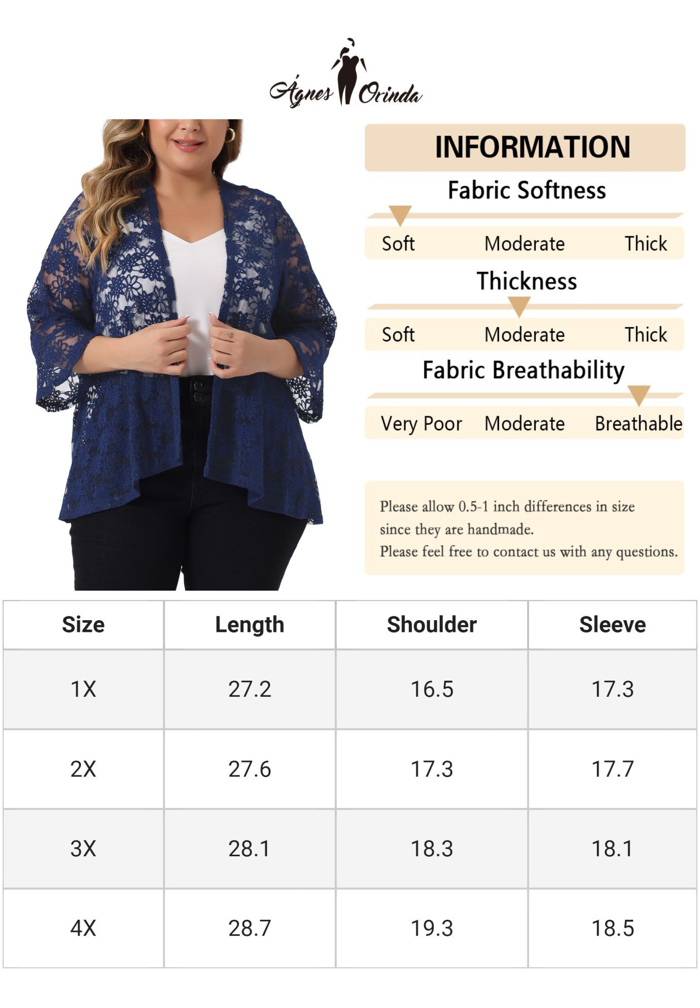 OPEN FRONT 3/4 BELL SLEEVE SHEER LIGHTWEIGHT LACE COVER UP CARDIGAN, Blue / Navy, alternate image number 4