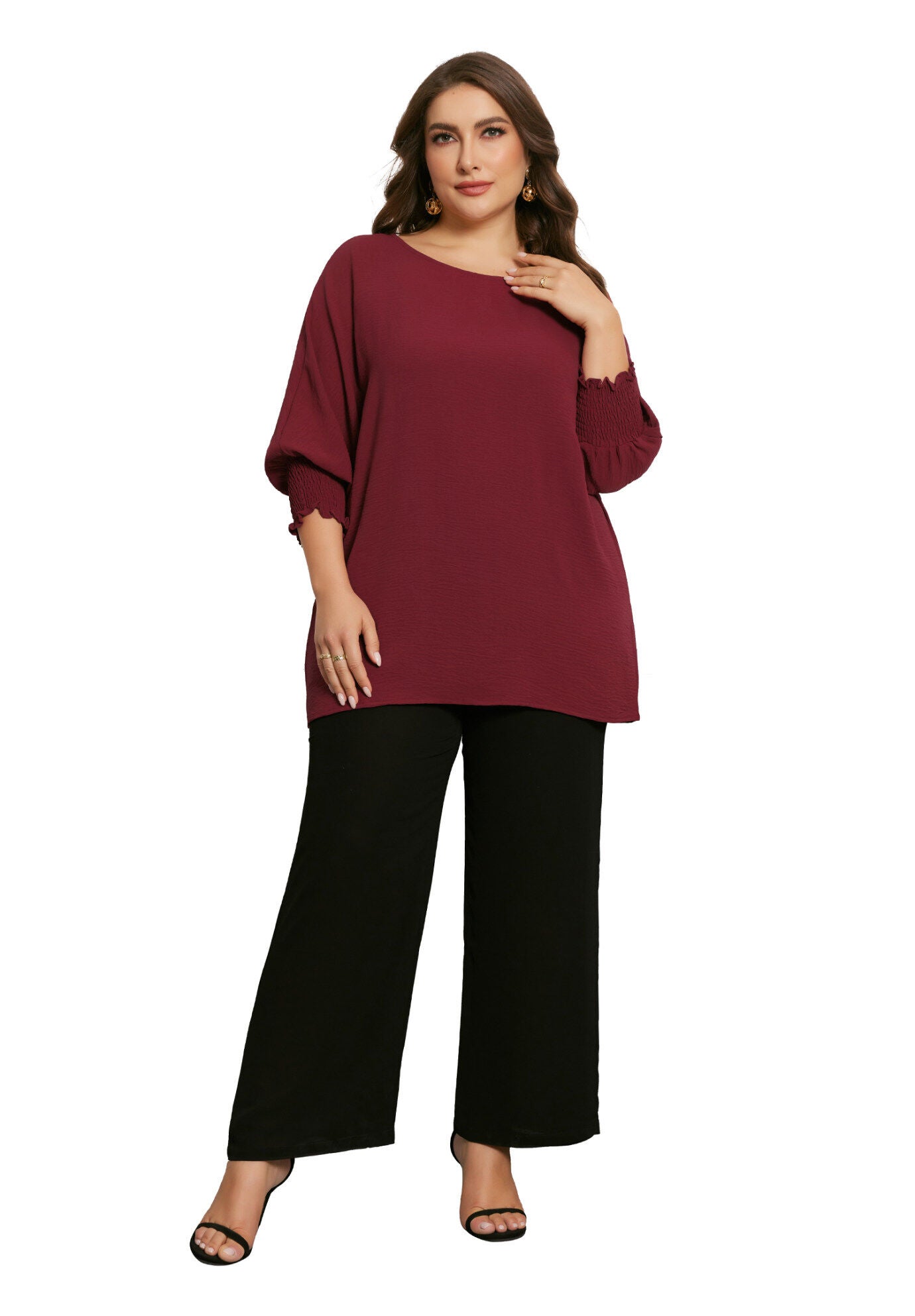 Chiffon Top Batwing Ruffle Long Sleeve Loose T-Shirt Blouse, Burgundy / Burgundy, hi-res image number 0