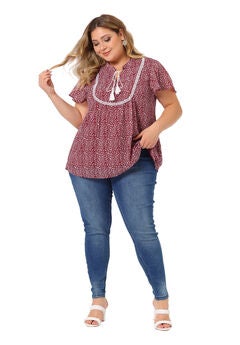 Floral Printed Bib Peasant Blouse Tie Neck Keyhole Boho Top