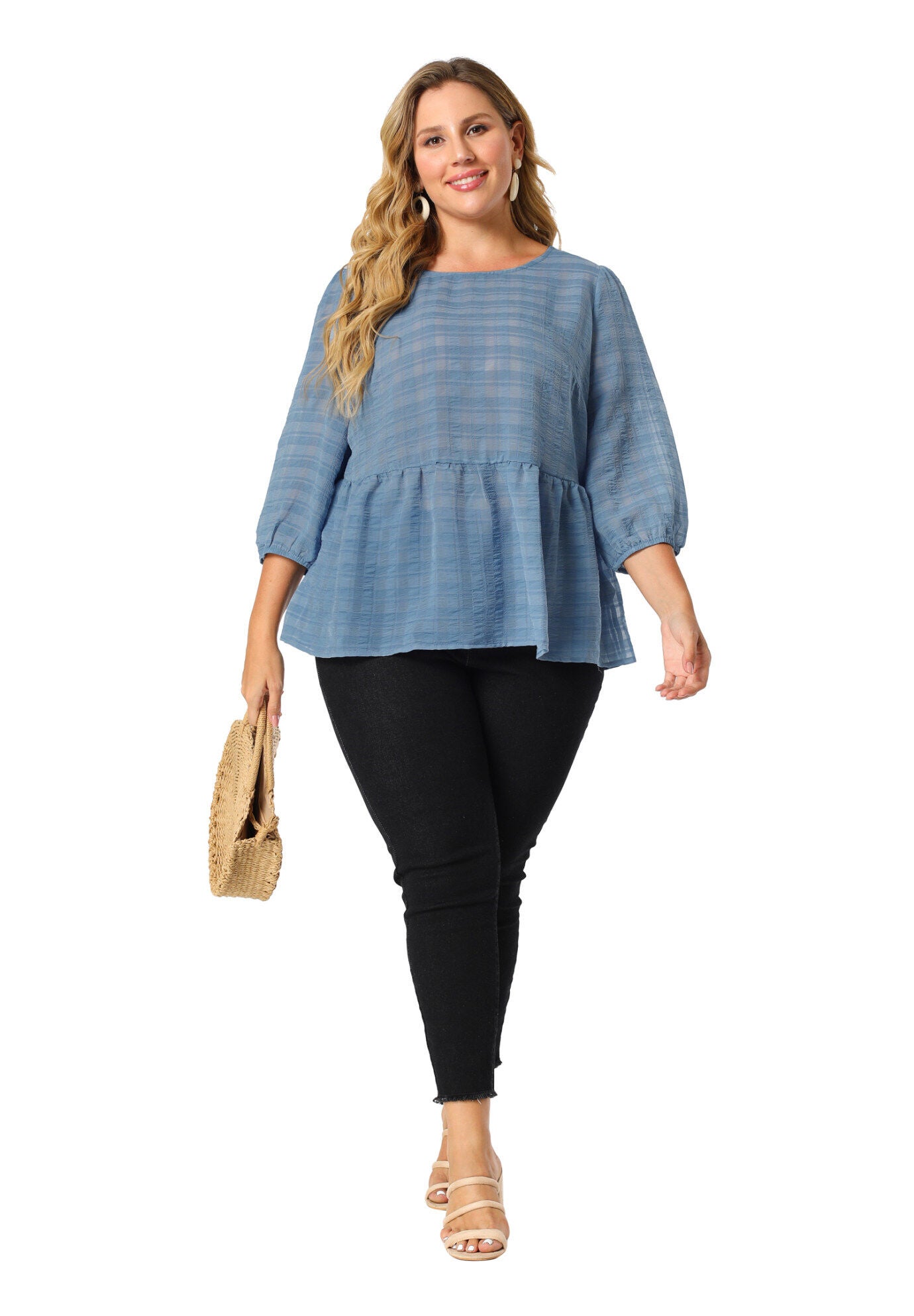 Babydoll Blouse Round Neck 3/4 Puff Sleeve Tiered Peplum Top, Blue / Dusty Blue, hi-res image number 0