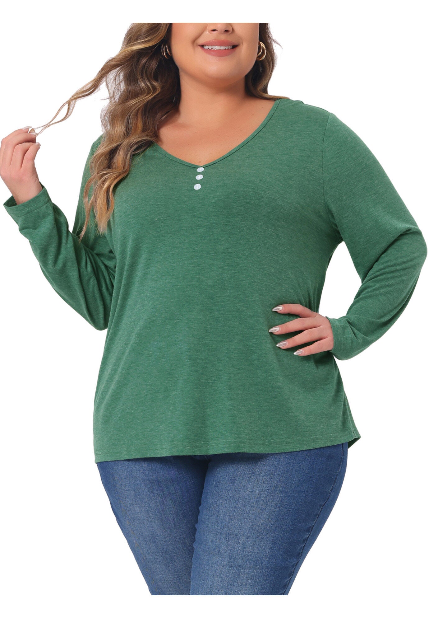 Casual Top Button Front Long Sleeve Tee, Green / Hunter Green, alternate image number 3