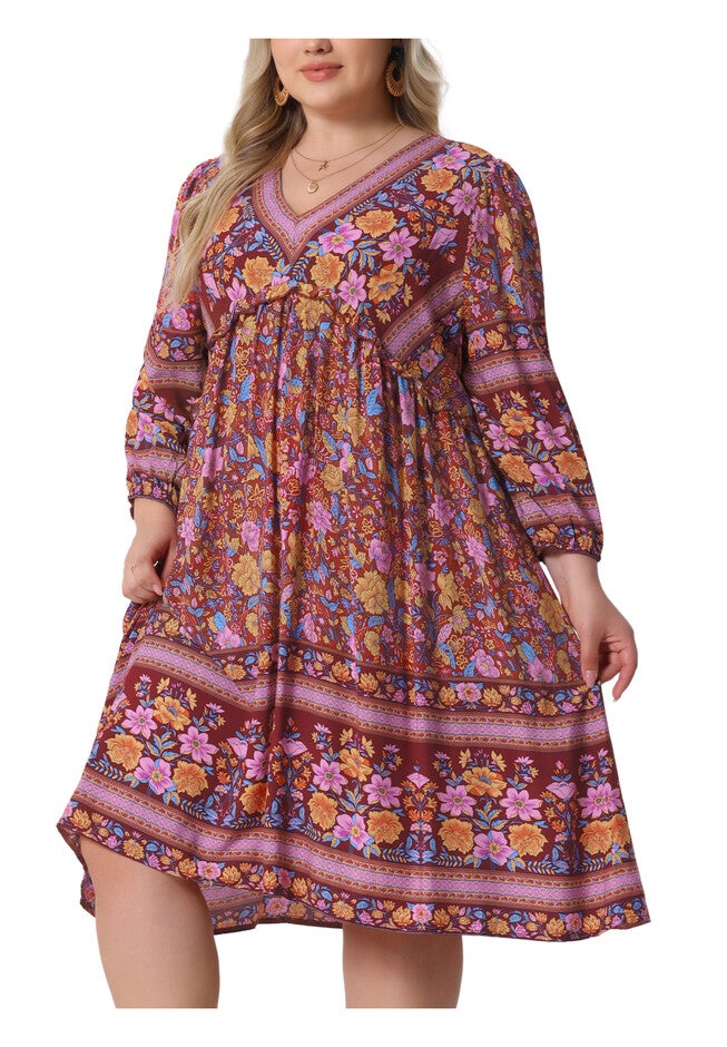 Boho Floral V Neck 3/4 Sleeve Mini Short Dress, Yellow Pink / Pink, alternate image number null