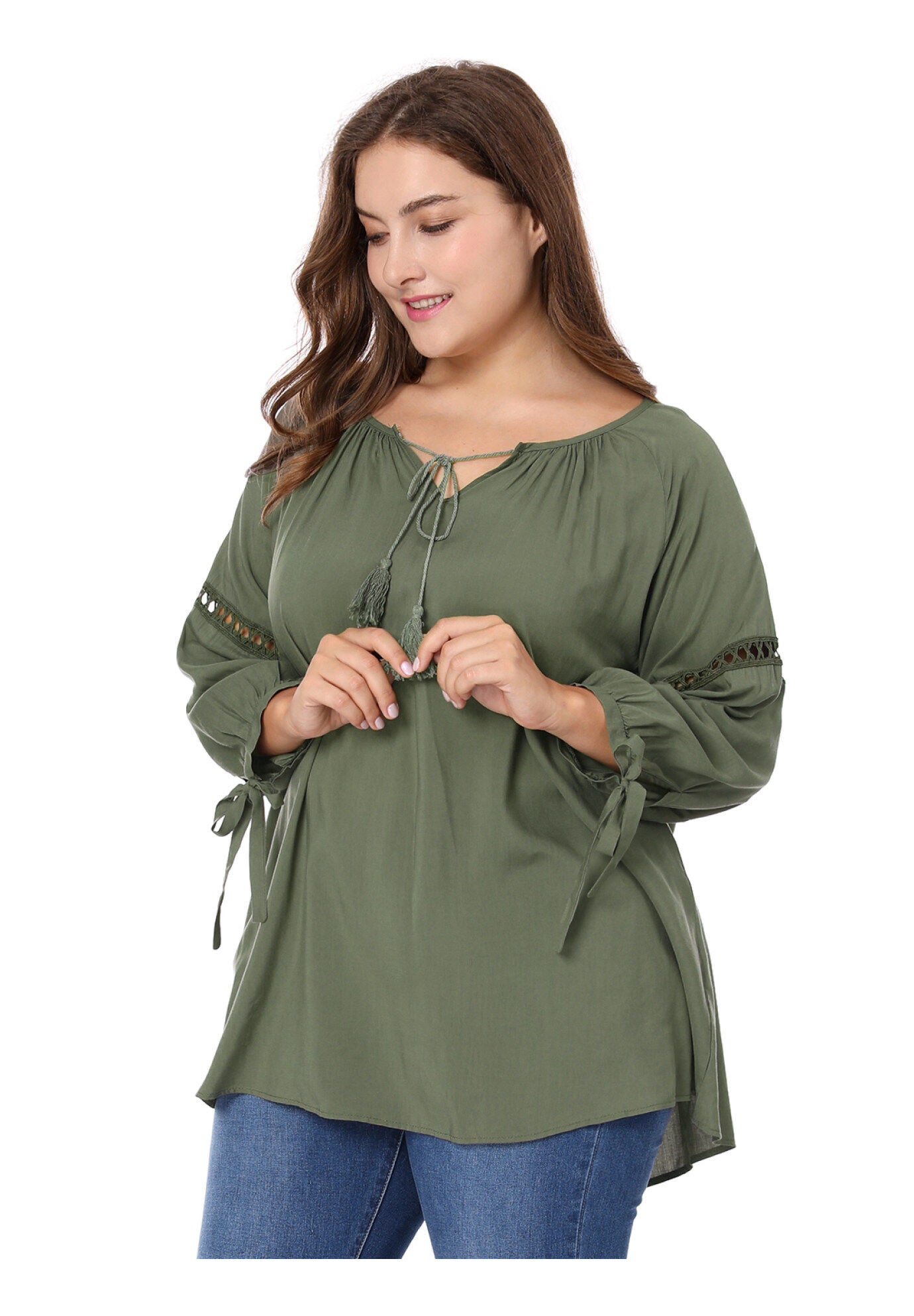 RAGLAN SLEEVES HOLLOW OUT TIE NECK PEASANT TOP, Green / Olive Green, alternate image number 4
