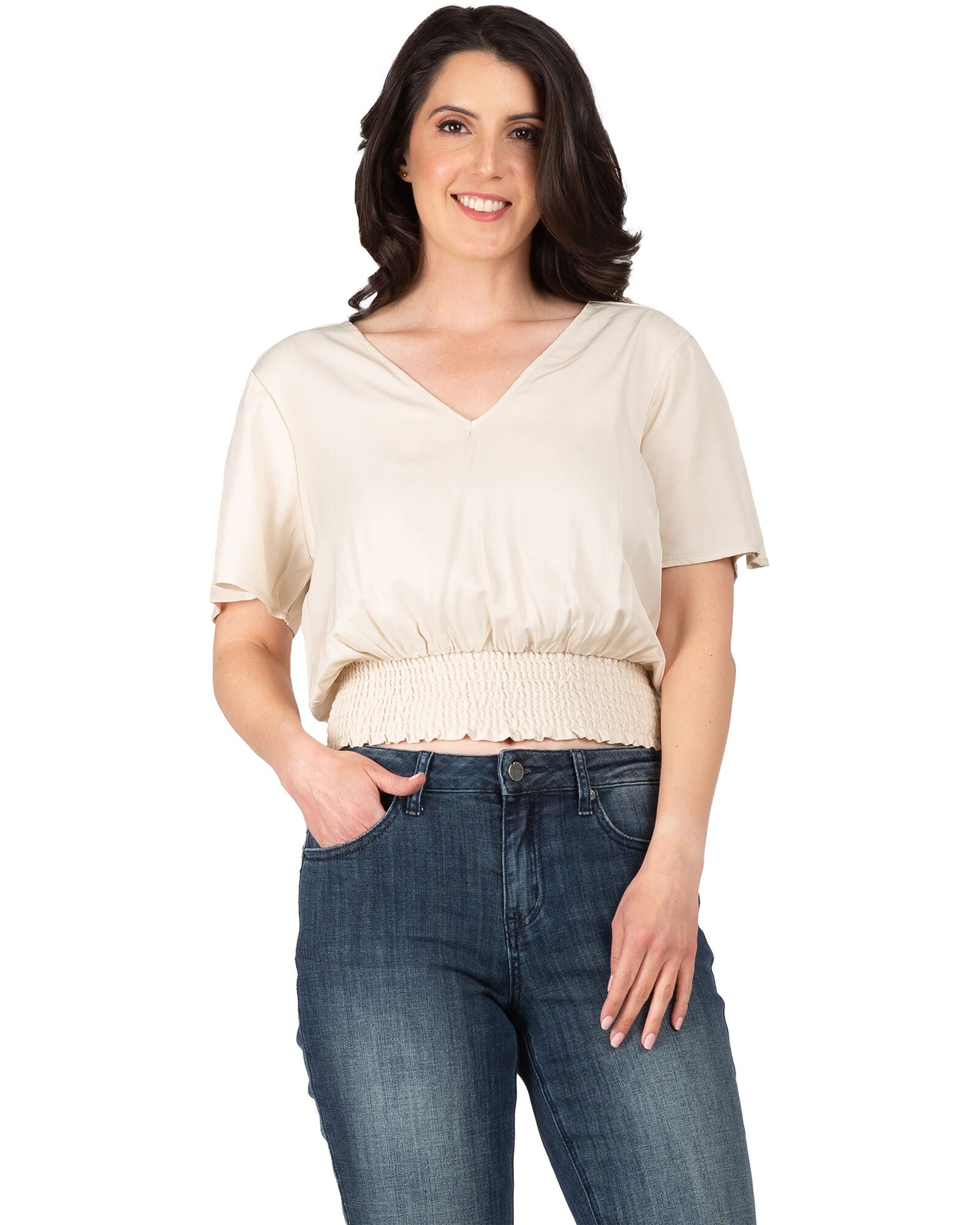 Allie Standards & Practices Women&#39;s Plus Size V Neck Short Sleeve Smocking Waist Blouse, , alternate image number 6