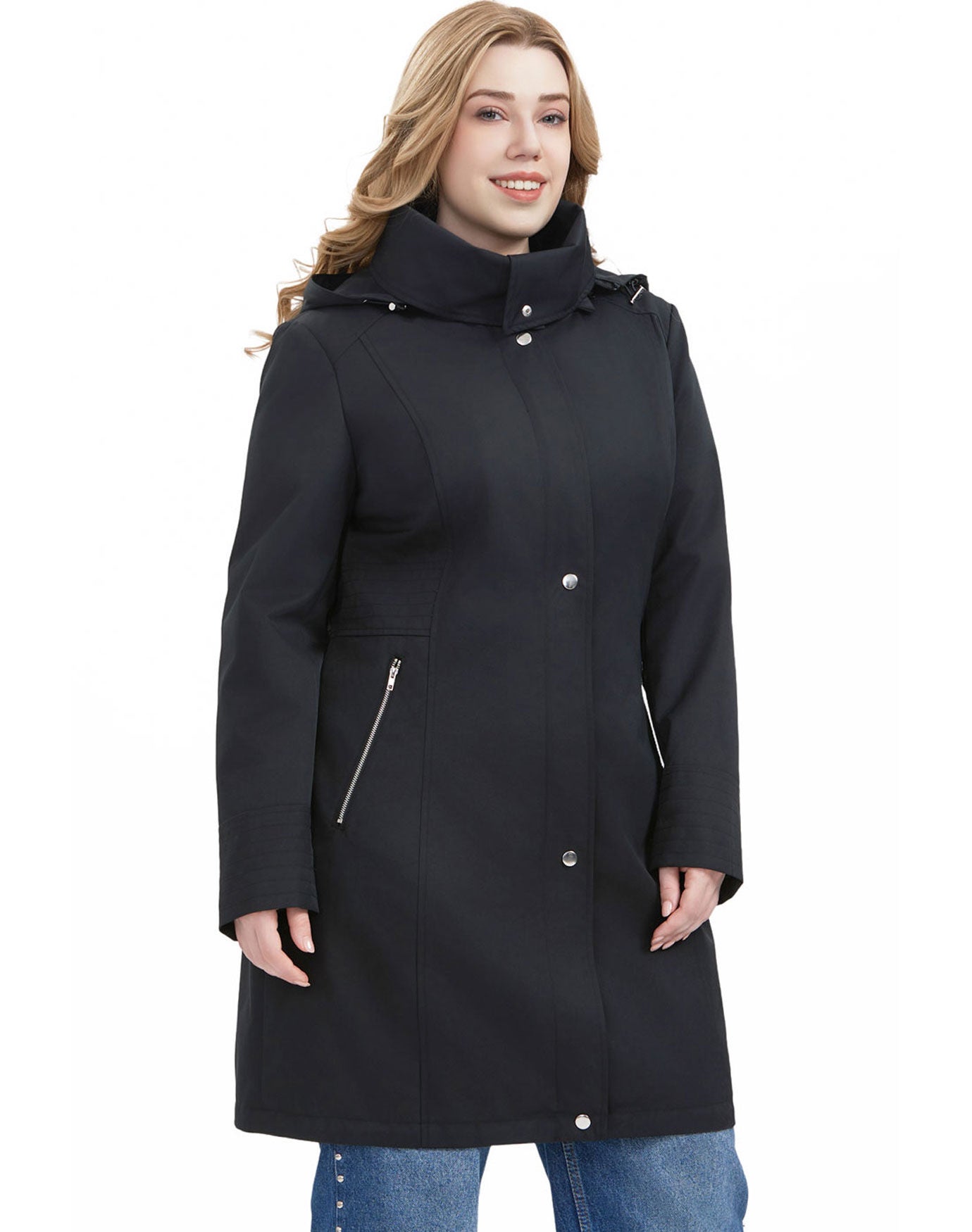 Mid-Length Hooded Anorak Jacket, Black, alternate image number 1