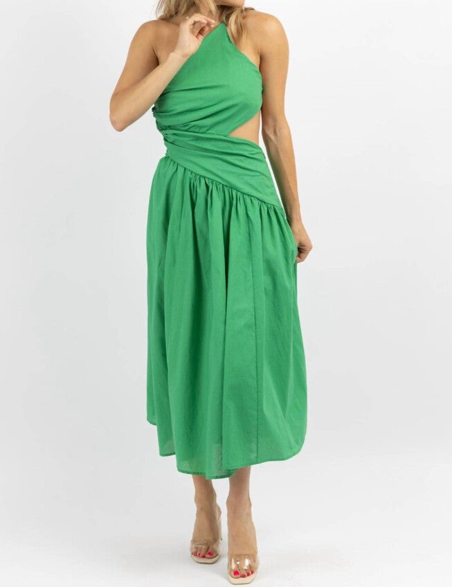 ASYMMETRIC RUCHE MIDI DRESS IN PALM GREEN, Palm Green / Light Green, alternate image number null
