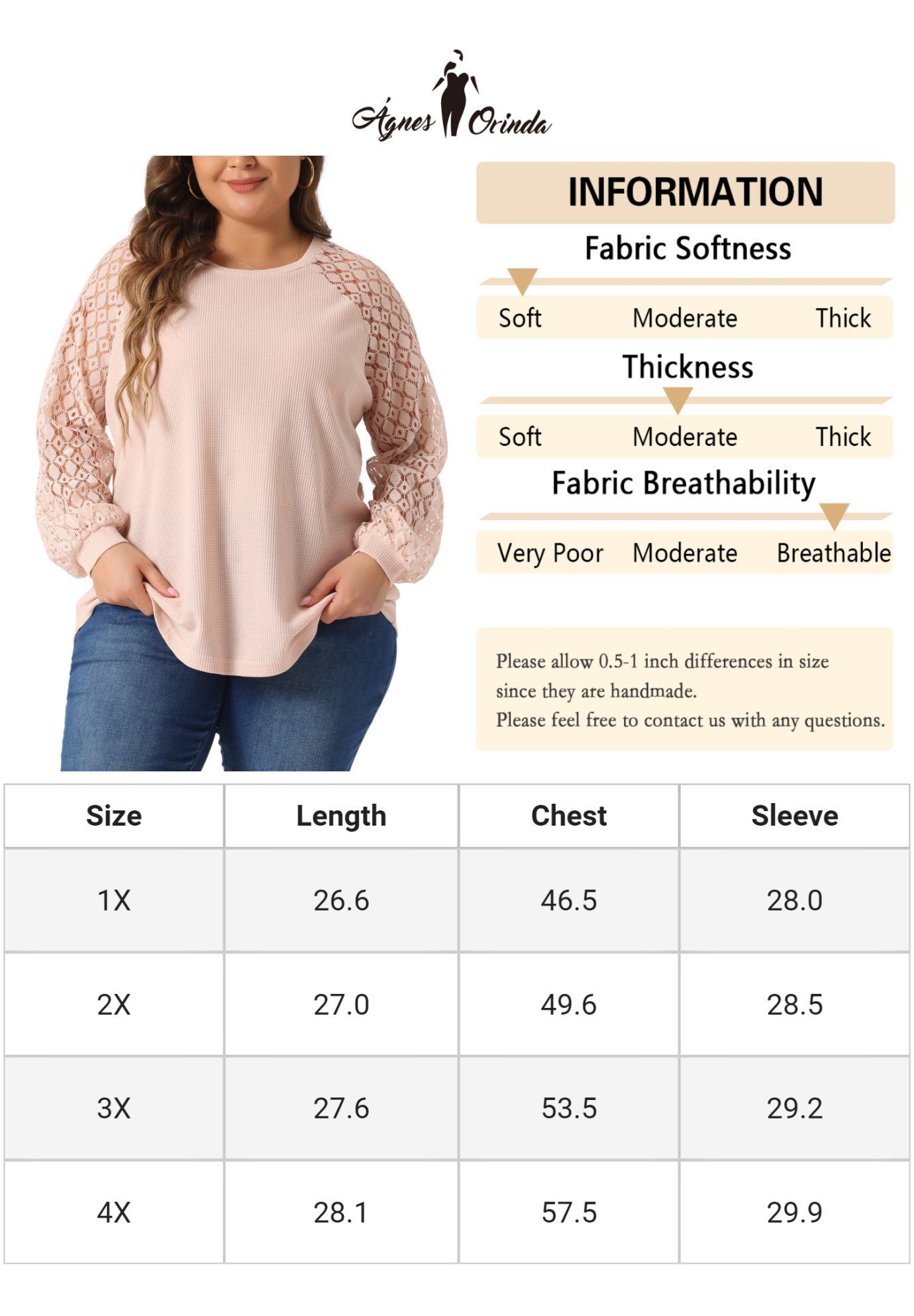 Lace Crew Neck Long Sleeve Loose Blouse, Light Pink / Pink, alternate image number 4