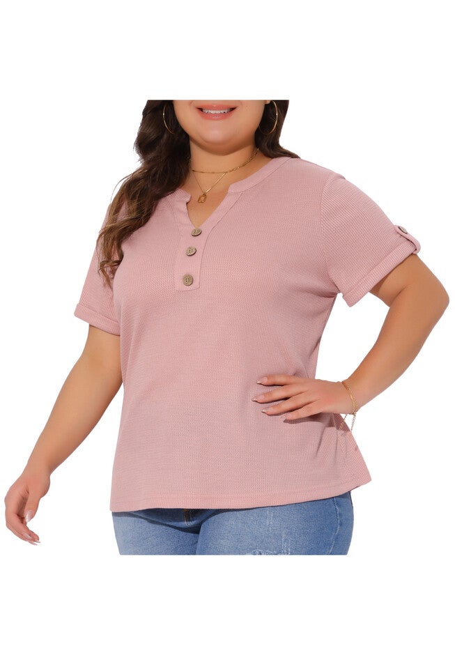 Loose Short Sleeve Button V Neck Summer Waffle Tunic Tee, Pink / Pink, alternate image number null