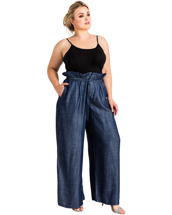 Plus Size Cleo Indigo Tencel Denim Palazzo Pants, Blue Rinse / Navy, alternate image number 2