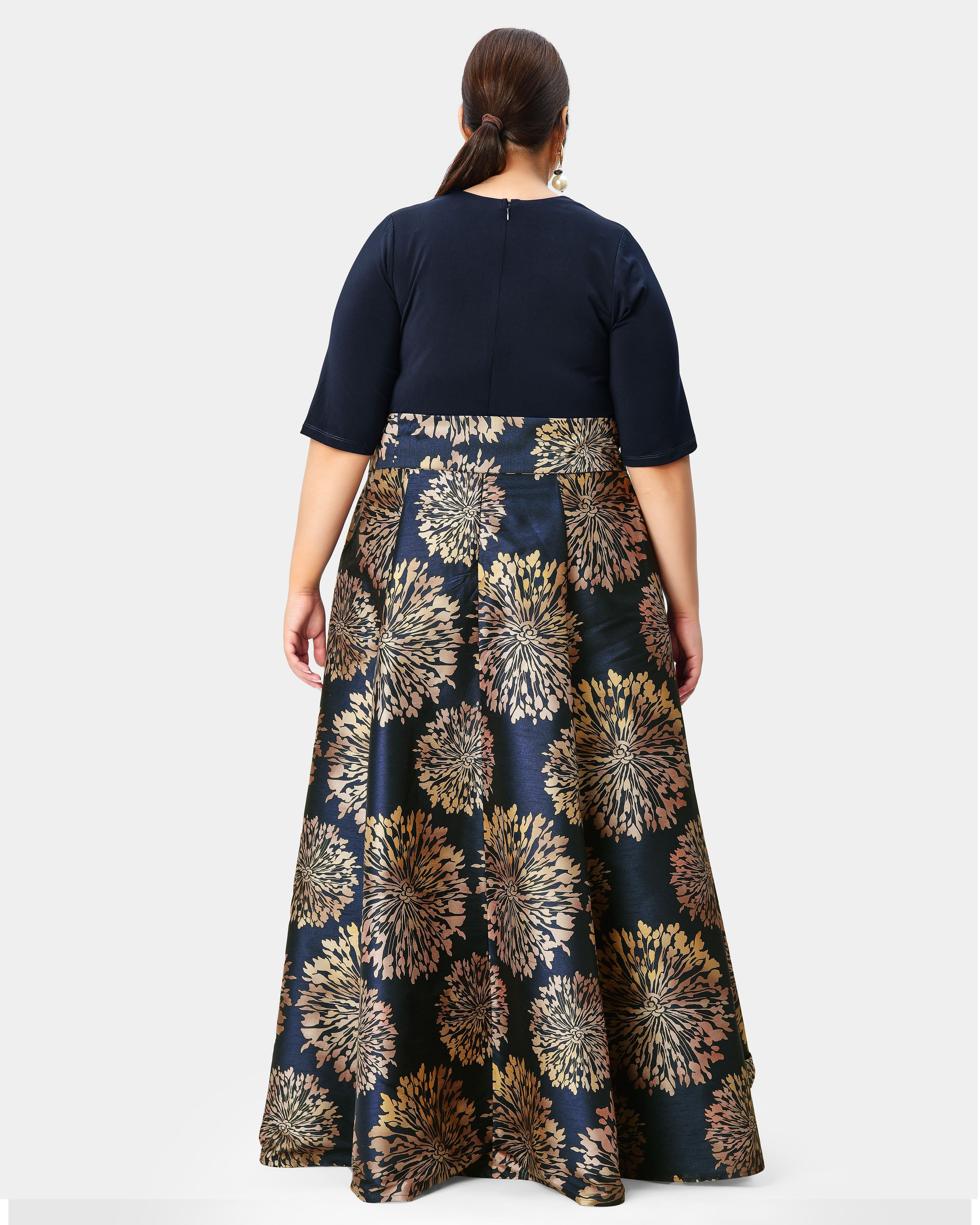 Floral print dupioni and jersey knit v-neck maxi dress, , alternate image number 6