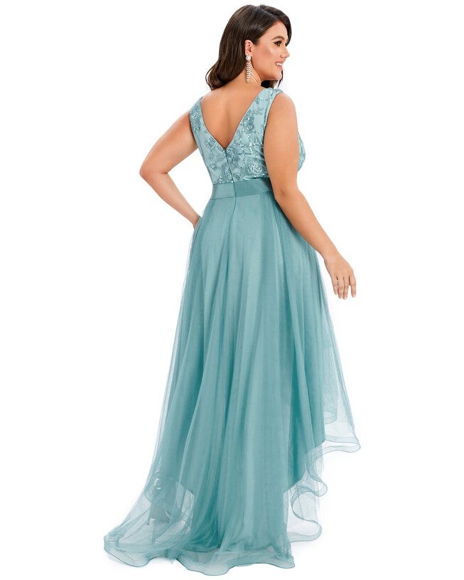 Sleeveless V-back Tulle High-Low Sequin Appliques Evening Dresses | Dia & Co Sleeveless V-back Tulle High-Low Sequin Appliques Evening Dresses | Dia & Co