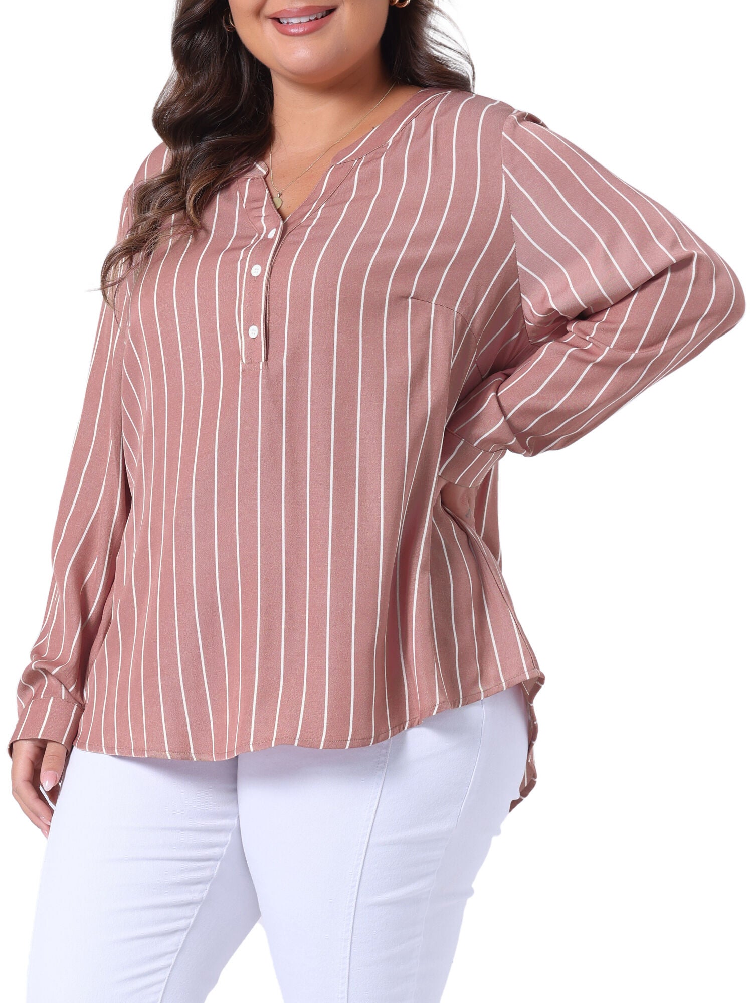 Long Sleeve Button Down Shirt Top, Pink / Pink, alternate image number 1