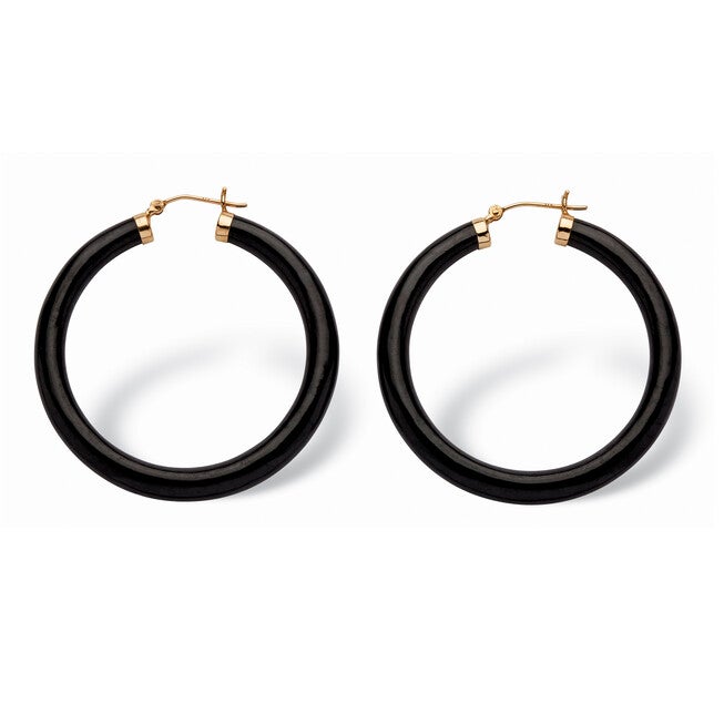 Genuine Black Jade Hoop Earrings in 14k Yellow Gold, , alternate image number 6