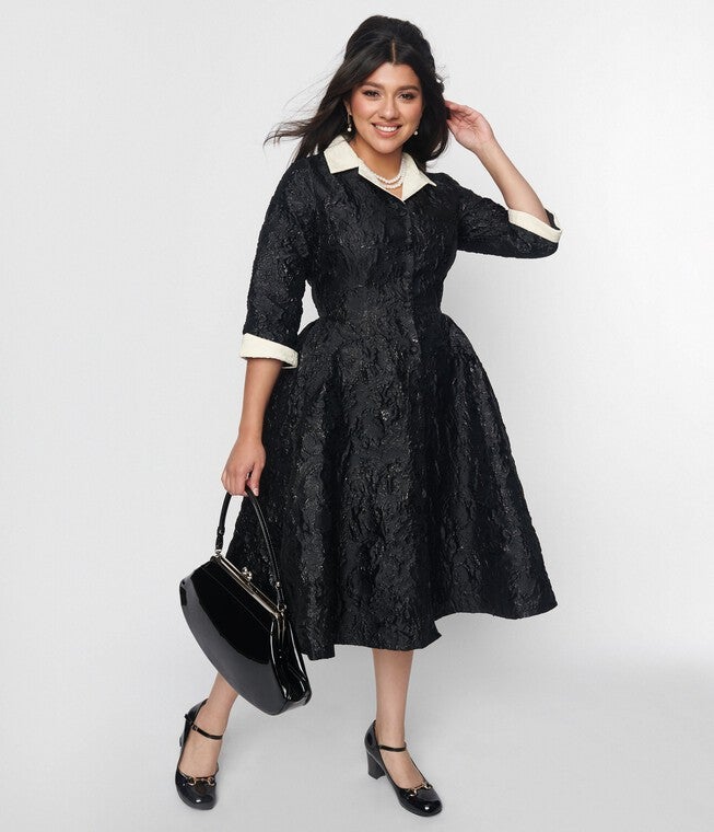 Unique Vintage Black Brocade Swing Dress, Black / Black, hi-res image number null