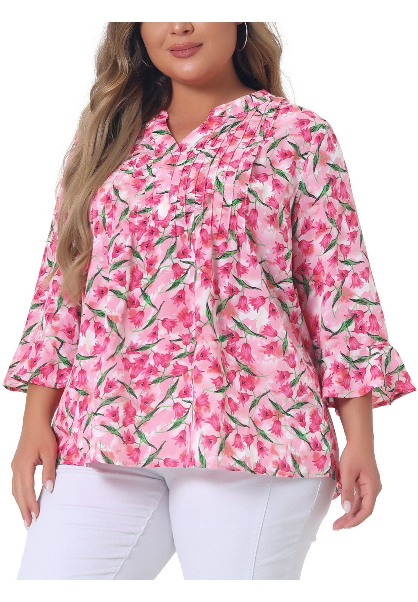 Pleated Long Sleeves V Neck Floral Blouse Top, Dark Pink / Deep Fuchsia, alternate image number 1