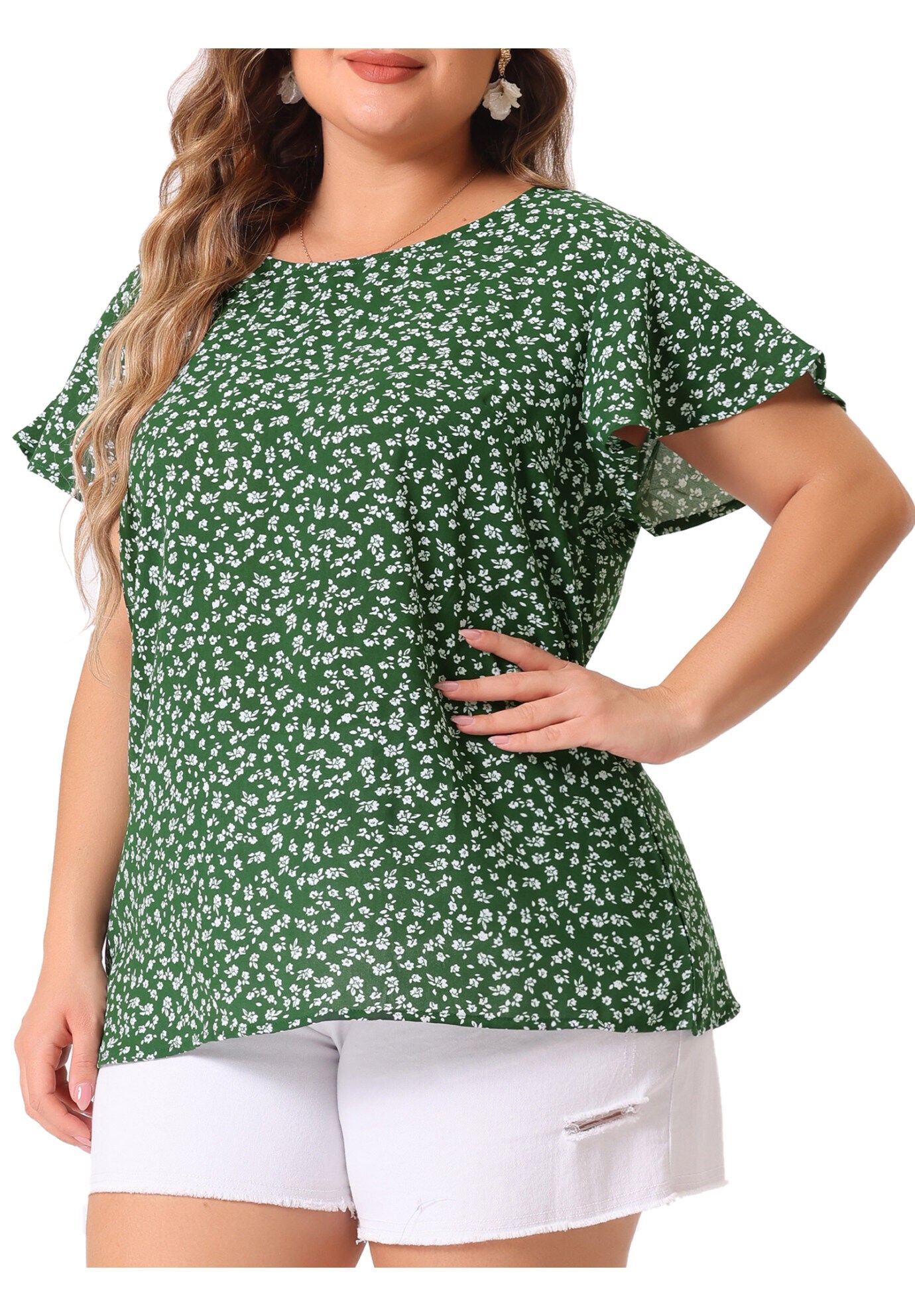 Flare Sleeve Round Neck Dense Floral Peplum Blouses, Green / Olive Green, alternate image number 2