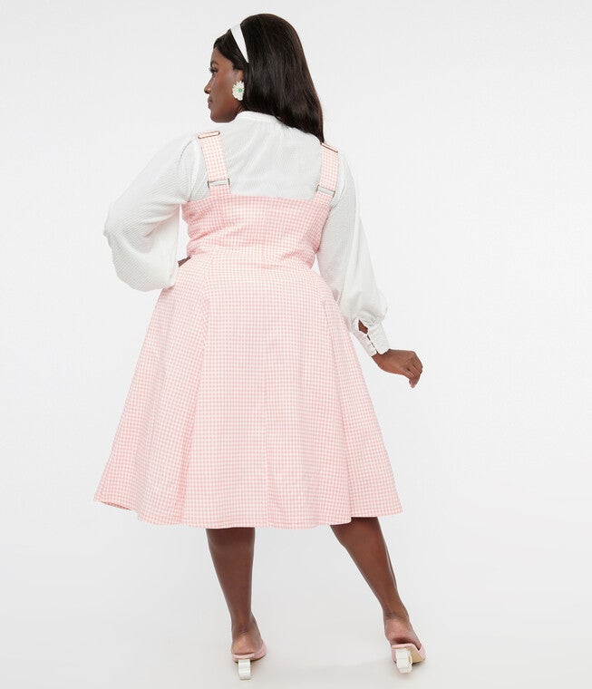 Unique Vintage Pink & White Gingham Button Suspender Swing Skirt, Pink Gingham / Pink, alternate image number 1