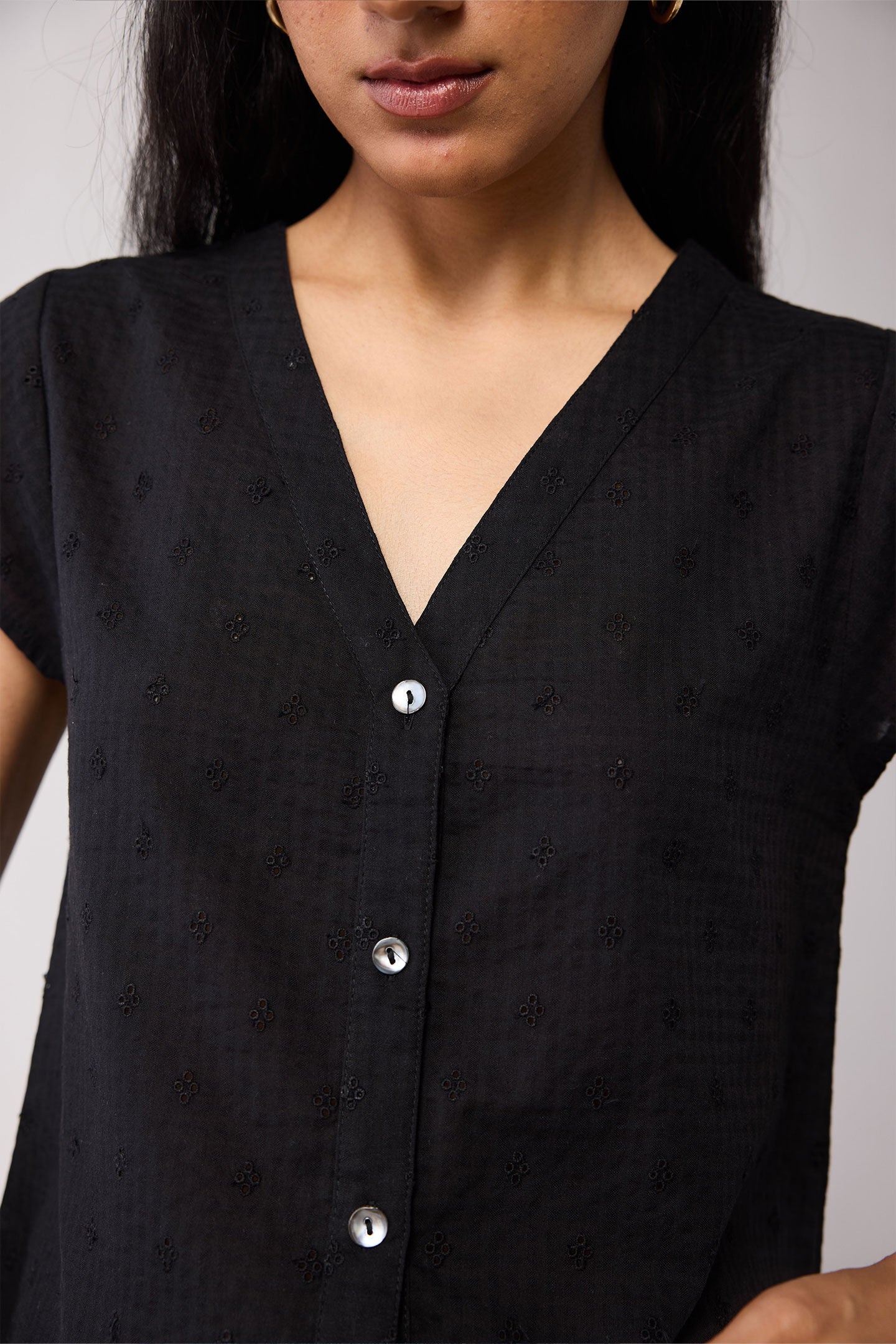 V-Neck Embroidered Top with Front Buttons in Black, Black / Black, alternate image number 3