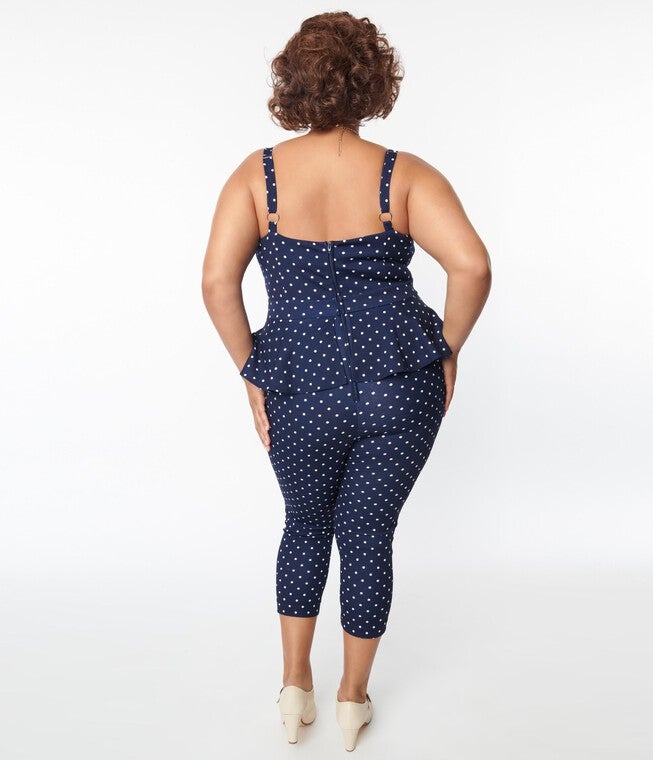 Unique Vintage Navy & White Dot Peplum Jumpsuit, Blue Polka Dot / Navy, alternate image number 2